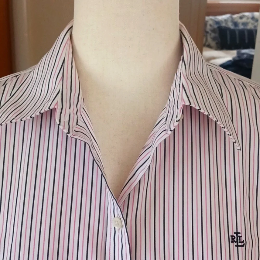 Ralph Lauren shirt button collared v-neck long sleeve stripes pink white  M - Picture 3 of 6